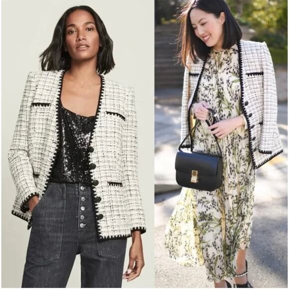 Veronica Beard Albia Cotton Blend Boucle Tweed Blazer Jacket Cream Black - Picture 6 of 13